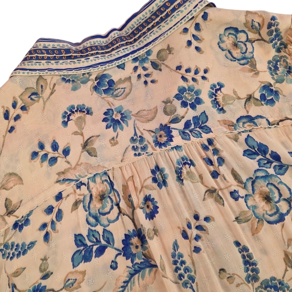 Floral Bohemiam Flowy Peasant Blouse Button Front Pintuck Top Rayon Women XL - Picture 8 of 13